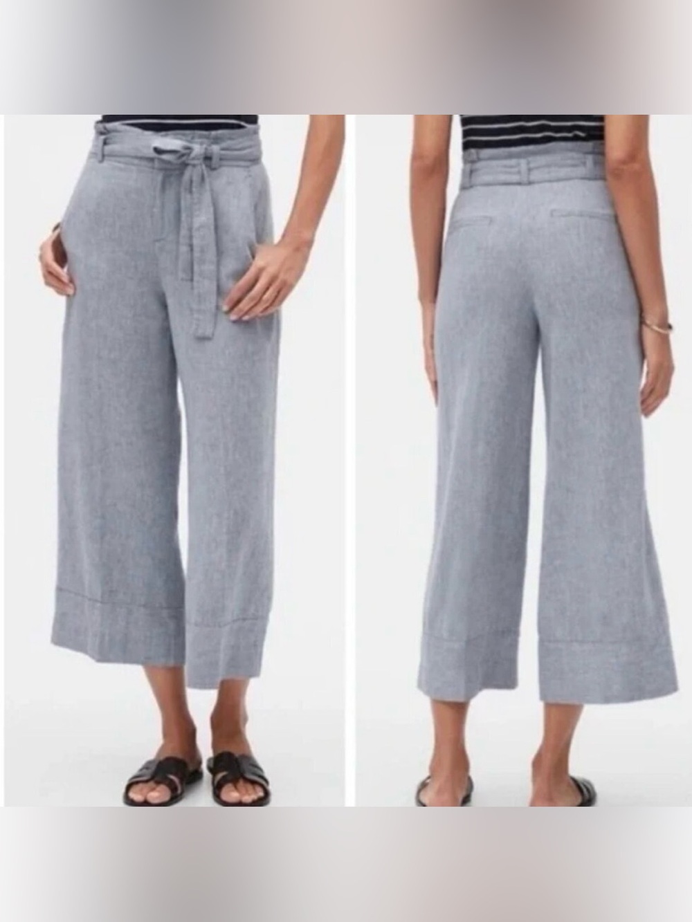 Banana Republic Blue Linen Cropped Wide-Leg Tie-Waist Pants